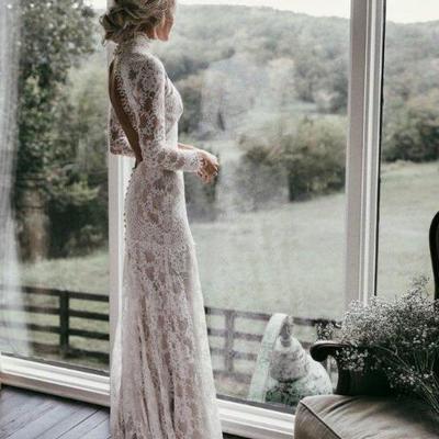 Country mermaid wedding dresses high neck lace backless long sleeve sweep train bridal gowns plus size robe de mariée - Thumbnail 4