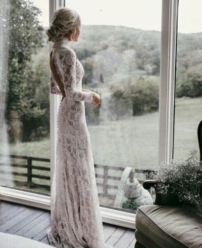 Country Mermaid Wedding Dresses High Neck Lace Backless Long Sleeve Sweep Train Bridal Gowns Plus Size Robe De Mariée