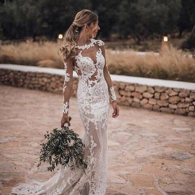  new scoop illusion mermaid wedding dresses long sleeves appliques sexy bridal wedding gowns sweep train robe de mariee bride dresses - Thumbnail 3
