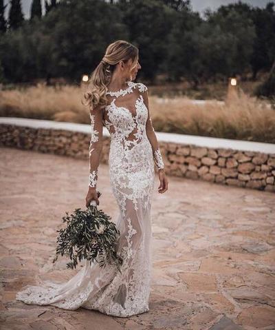  New Scoop Illusion Mermaid Wedding Dresses Long Sleeves Appliques Sexy Bridal Wedding Gowns Sweep Train Robe De Mariee Bride Dresses