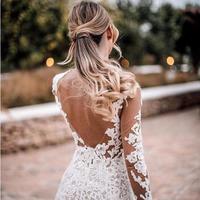  New Scoop Illusion Mermaid Wedding Dresses Long Sleeves Appliques Sexy Bridal Wedding Gowns Sweep Train Robe De Mariee Bride Dresses - Thumbnail 3