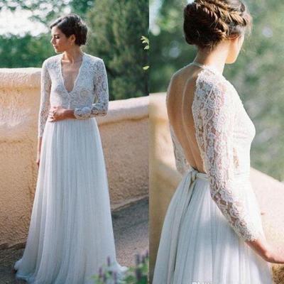  v neck country lace long sleeves wedding dresses sexy open back a line tulle wedding gowns for bride - Thumbnail 5