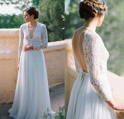  V Neck Country Lace Long Sleeves Wedding Dresses Sexy Open Back A Line Tulle Wedding Gowns for Bride