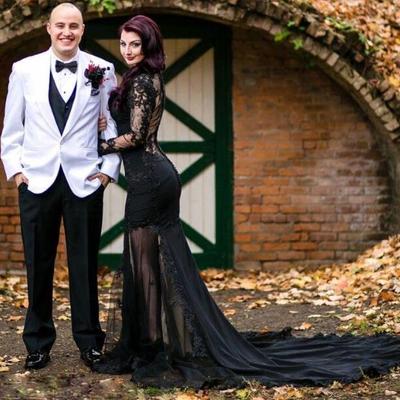  gothic style black wedding dress see through long sleeve handmade appliques lace mermaid vintage 2019 bridal gowns custom size - Thumbnail 4