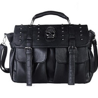 Leather Large Capacity Skull Rivet Black Bag - Thumbnail 1