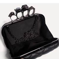 Skull Ring Black Clutch Chain Shoulder Bag - Thumbnail 4