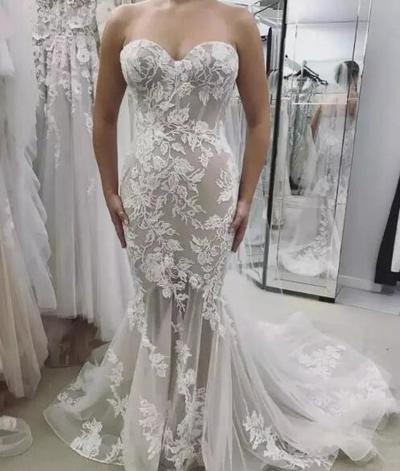 Mermaid Wedding Dresses Sweetheart Lace Appliques Sweep Train Custom Made Country Wedding Dress With Veil Plus Size Bridal Gowns