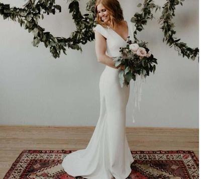 Simple Mermaid wedding dresses With Sexy V Neck Satin chiffon Floor LEngth custom Made Bridal Gown