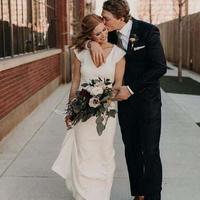 Simple Mermaid wedding dresses With Sexy V Neck Satin chiffon Floor LEngth custom Made Bridal Gown - Thumbnail 3