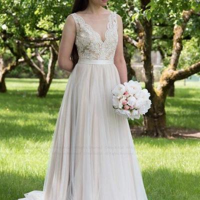  a line v neck wedding dresses sweep train tulle lace top backless cheap bridal gowns wedding dress - Thumbnail 5