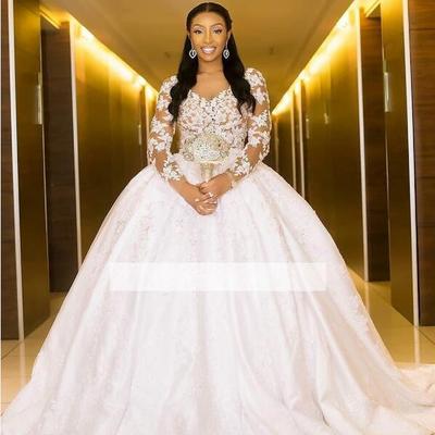 South africa sheer neck wedding dresses illusion long sleeves lace appliques ball gown black girl bridal gowns - Thumbnail 5