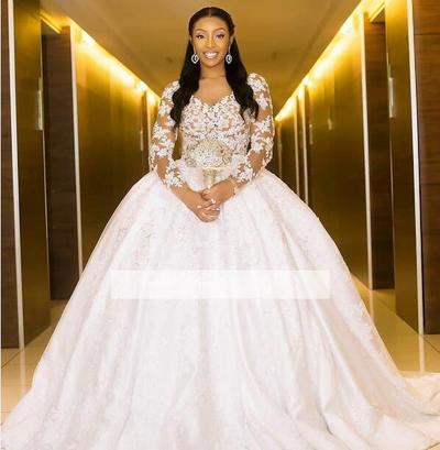 South Africa Sheer Neck Wedding Dresses Illusion Long Sleeves Lace Appliques Ball Gown Black Girl Bridal Gowns