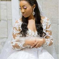 South Africa Sheer Neck Wedding Dresses Illusion Long Sleeves Lace Appliques Ball Gown Black Girl Bridal Gowns - Thumbnail 1