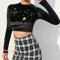 Galaxy Planet Stars Embroidery Velvet Top - Thumbnail 1