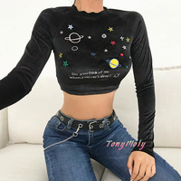 Galaxy Planet Stars Embroidery Velvet Top - Thumbnail 3