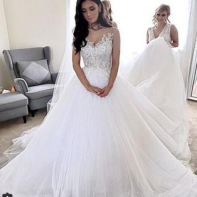 Gorgeous ball gown tulle wedding dresses sheer crew neck lace appliques bridal gowns - Thumbnail 4