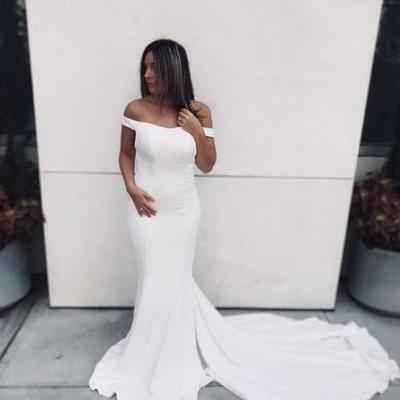 Simple satin wedding dresses mermaid style off the shoulder full length bridal gowns chaple train criss cross bride dresses vestido de noiva - Thumbnail 4