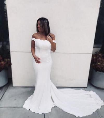 Simple Satin Wedding Dresses Mermaid Style Off The Shoulder Full Length Bridal Gowns Chaple Train Criss Cross Bride Dresses Vestido De Noiva