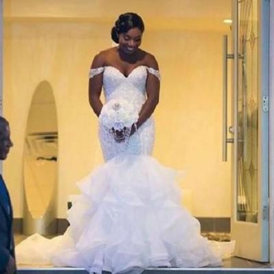 Plus size wedding dresses saudi african off the shoulder ruffles beads sequins mermaid wedding dress sweep train covered button bridal gowns - Thumbnail 5