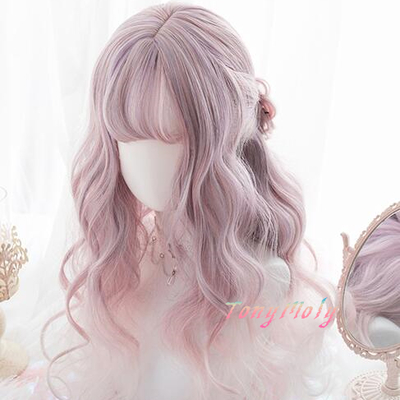 Pastel pink purple gradient curly cosplay wigs - Thumbnail 1
