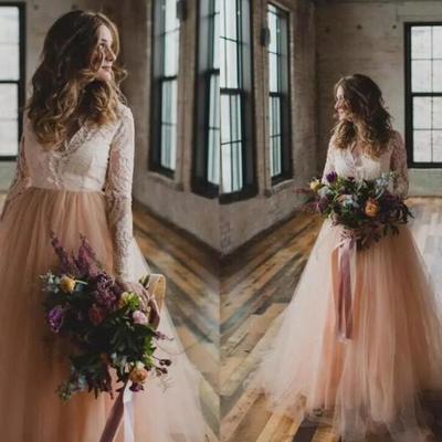 Country wedding dresses c neck lace long sleeves a line tulle vestido de novia beach long bridal gowns - Thumbnail 5