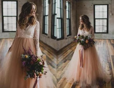 Country Wedding Dresses C Neck Lace Long Sleeves A Line Tulle vestido de novia Beach Long Bridal Gowns