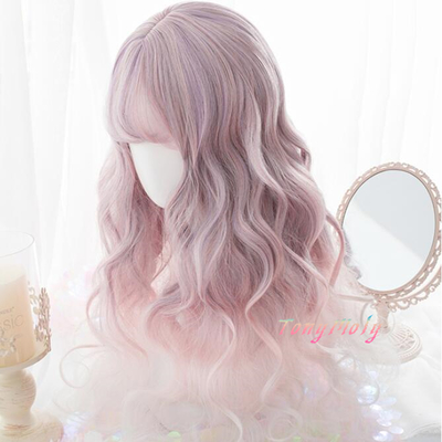 Pastel pink purple gradient curly cosplay wigs