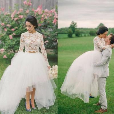 High low lace graceful wedding dresses high neck long sleeves tulle layers illusion party dresses - Thumbnail 5