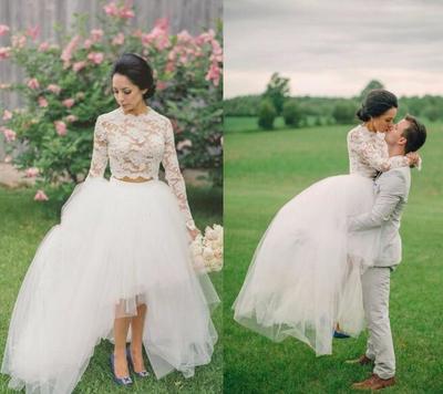 High Low Lace Graceful Wedding Dresses High Neck Long Sleeves Tulle Layers Illusion Party Dresses