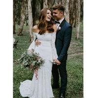  Plus Size Bohemian Mermaid Wedding Dresses Off The Shoulder Lace Long Sleeves Sweep Train Country Bridal Gowns - Thumbnail 1