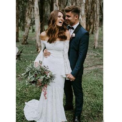  plus size bohemian mermaid wedding dresses off the shoulder lace long sleeves sweep train country bridal gowns - Thumbnail 4