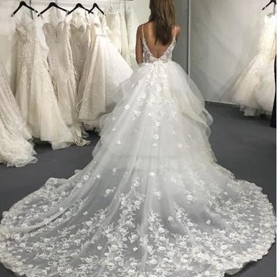 Romantic a line lace wedding dresses appliqued v neck backless bridal gowns chapel train tulle vestido de novia plus size - Thumbnail 3