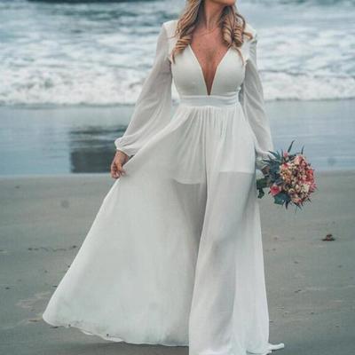 Big long sleeve beach wedding dresses v neck chiffon bridal gowns floor length vestido de novia plus size - Thumbnail 5