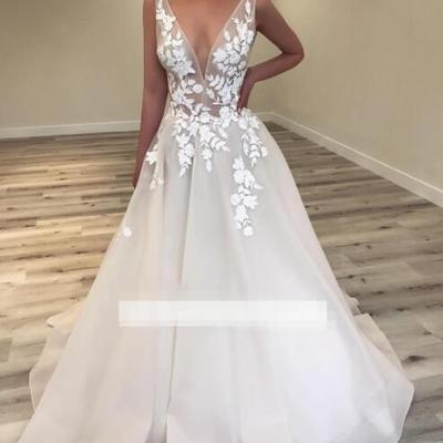 Sexy sheer a-line wedding dresses v-neck sleeveless lace applique long bridal gowns simple style - Thumbnail 5