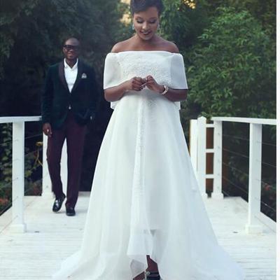 Elegant white short sleeve wedding dress high low cap sleeve bridal gown vestido de noiva catching-eyes brides dresses - Thumbnail 5