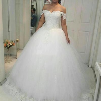 Off shoulder ball gowns princess lace wedding dresses sweetheart appliques with beaded wedding gowns puffy skirt lace-up back bride dress - Thumbnail 2