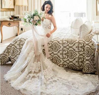  Bohemian Mermaid Wedding Dress Gorgeous Sweetheart See Through Full Lace Applique Bridal Gown Summer Garden Wedding Dresses Cheap