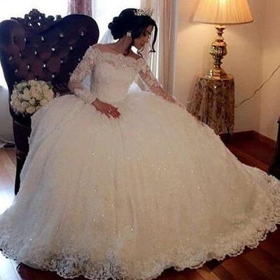 Ball gown wedding dresses new vintage long sleeves lace appliques sequins puffy arabic dubai formal church bridal gowns plus size - Thumbnail 5