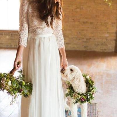 A line chiffon beach boho wedding dresses 3/4 long sleeve lace bodice bridal gowns - Thumbnail 3