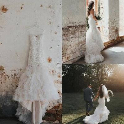 New style lace mermaid wedding dresses sweetheart neck sweep trian tulle ruffles tiered skirts back cover button garden bridal gown - Thumbnail 5