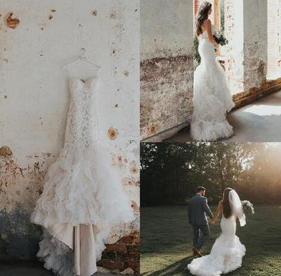 New Style Lace Mermaid Wedding Dresses Sweetheart Neck Sweep Trian Tulle Ruffles Tiered Skirts Back Cover Button Garden Bridal Gown