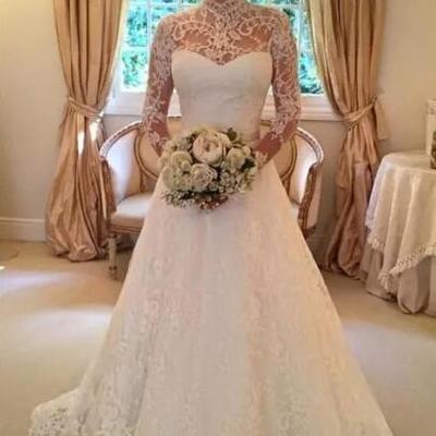 Modest high neck long sleeves full lace wedding dresses sexy backless floor length sash ribbon custom made lace bridal gown - Thumbnail 4