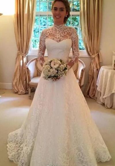 Modest High Neck Long Sleeves Full Lace Wedding dresses Sexy Backless floor Length Sash ribbon Custom MAde Lace Bridal Gown