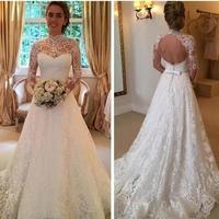 Modest High Neck Long Sleeves Full Lace Wedding dresses Sexy Backless floor Length Sash ribbon Custom MAde Lace Bridal Gown - Thumbnail 1