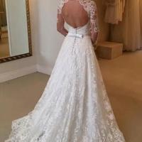 Modest High Neck Long Sleeves Full Lace Wedding dresses Sexy Backless floor Length Sash ribbon Custom MAde Lace Bridal Gown - Thumbnail 2