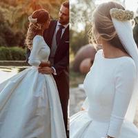 Simple Vintage Wedding Dresses Long Sleeve Low Cut Back Ivory Satin Chapel Train Retro Bridal Gowns Custom Made Size - Thumbnail 1