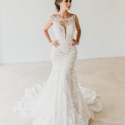 Sexy mermaid scoop neckline sleeveless lace wedding dresses vestido de novia sheer bust wedding dress bridal gowns - Thumbnail 5