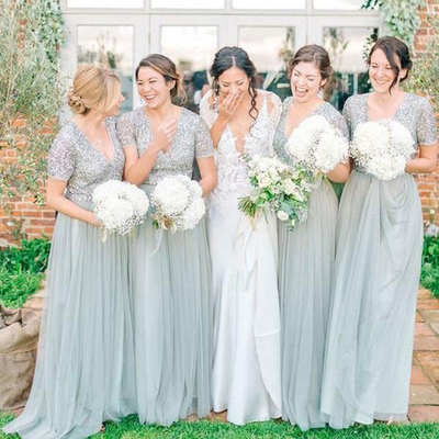 Short sleevesv neck long bridesmaid dresses with sequins - Thumbnail 5