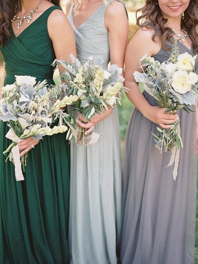 Green/Light Blue/Light Gray Long V Neck Bridesmaid Dresses