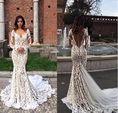Modest Lace Mermaid Wedding Dresses Long Sleeves V Neck Trumpet Illusion Backless Bridal Gowns Sweep Train robe de mariée